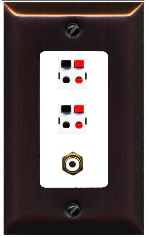 RiteAV 2 Port Speaker Wire Plug Jack Wall Plate with 1 RCA for Subwoofer - 1 Gang Decorative [Bronze/White]