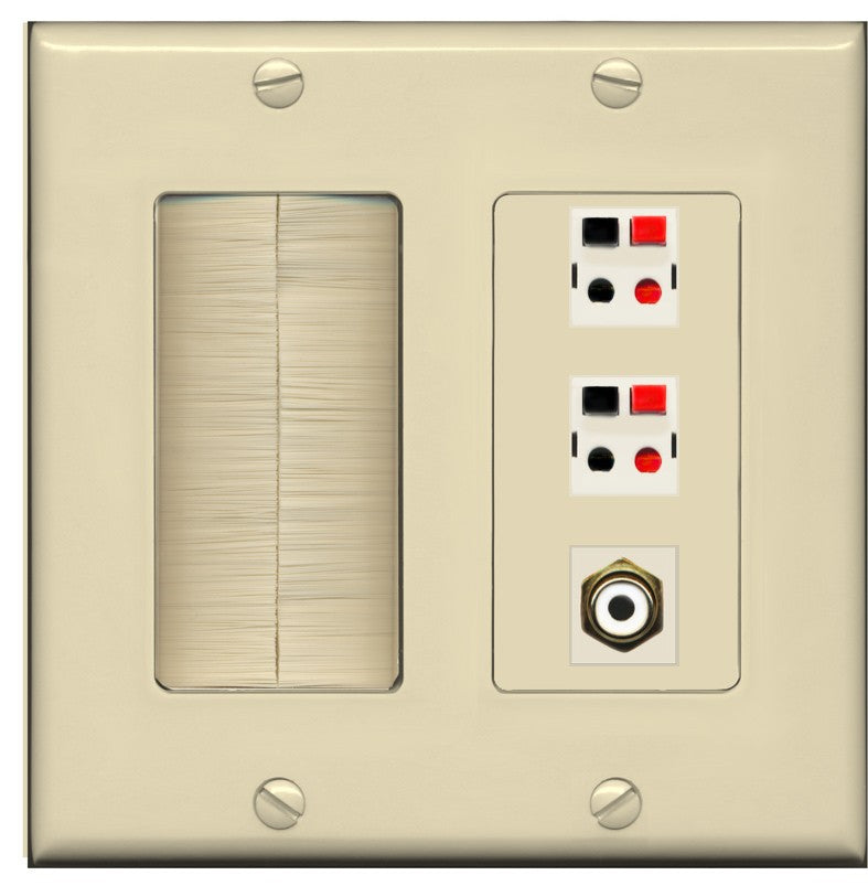RiteAV 2 Port Speaker Wire Plug Jack Wall Plate with 1 RCA for Subwoofer - Brush [Ivory/Ivory]