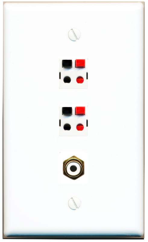 RiteAV 2 Port Speaker Wire Plug Jack Wall Plate with RCA for Subwoofer - Flat [White]