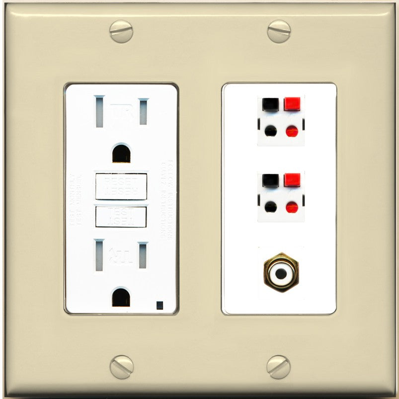 RiteAV 2 Port Speaker Wire Plug Jack Wall Plate with 1 RCA for Subwoofer - GFCI Outlet [Ivory/White]