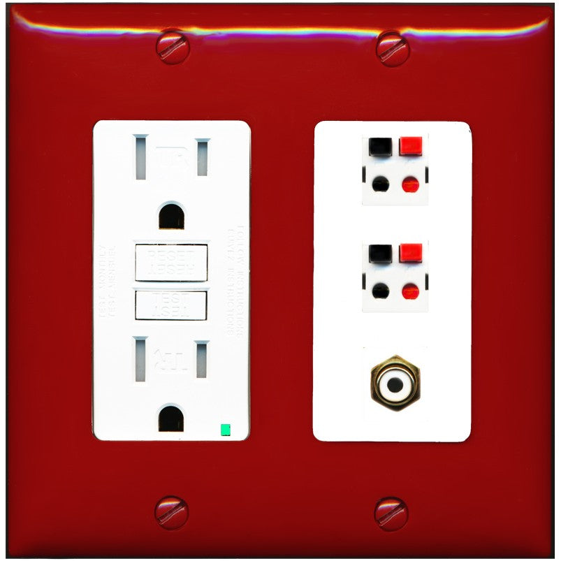 RiteAV 2 Port Speaker Wire Plug Jack Wall Plate with 1 RCA for Subwoofer - GFCI Outlet [Red/White]