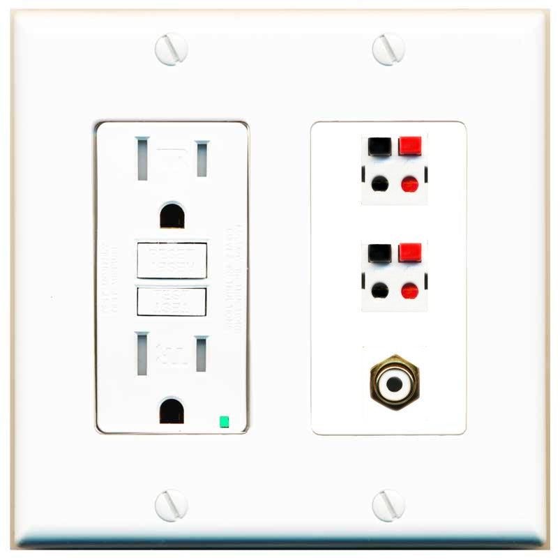 RiteAV 2 Port Speaker Wire Plug Jack Wall Plate with 1 RCA for Subwoofer - GFCI Outlet [White]