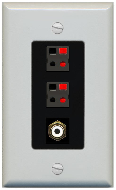 RiteAV 2 Port Speaker Wire Plug Jack Wall Plate with 1 RCA for Subwoofer - 1 Gang Decorative [Gray/Black]