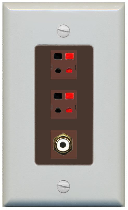 RiteAV 2 Port Speaker Wire Plug Jack Wall Plate with 1 RCA for Subwoofer - 1 Gang Decorative [Gray/Brown]