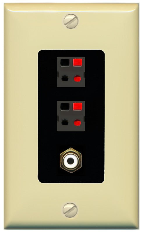 RiteAV 2 Port Speaker Wire Plug Jack Wall Plate with 1 RCA for Subwoofer - 1 Gang Decorative [Ivory/Black]