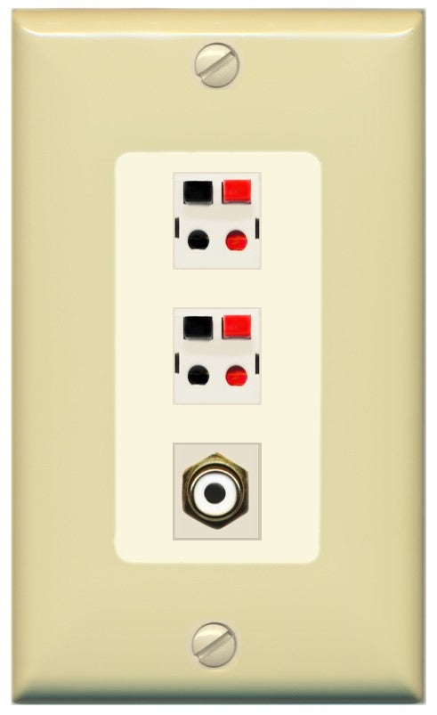 RiteAV 2 Port Speaker Wire Plug Jack Wall Plate with 1 RCA for Subwoofer - 1 Gang Decorative [Ivory/Light-Almond]