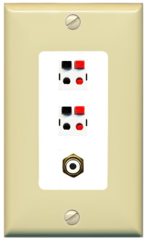 RiteAV 2 Port Speaker Wire Plug Jack Wall Plate with 1 RCA for Subwoofer - 1 Gang Decorative [Ivory/White]