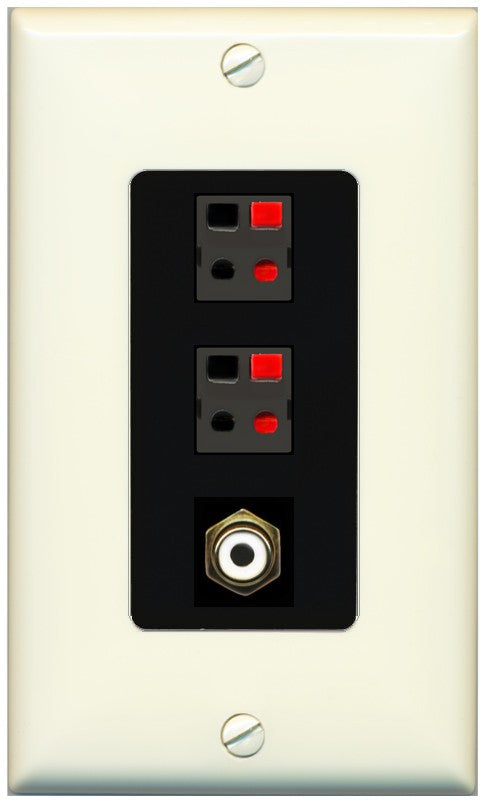 RiteAV 2 Port Speaker Wire Plug Jack Wall Plate with 1 RCA for Subwoofer - 1 Gang Decorative [Light-Almond/Black]