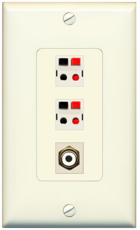 RiteAV 2 Port Speaker Wire Plug Jack Wall Plate with RCA for Subwoofer - 1 Gang [Light-Almond]