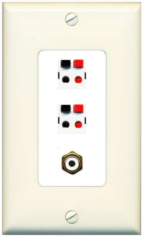RiteAV 2 Port Speaker Wire Plug Jack Wall Plate with 1 RCA for Subwoofer - 1 Gang Decorative [Light-Almond/White]