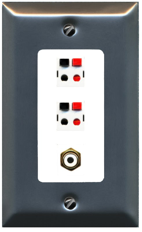 RiteAV 2 Port Speaker Wire Plug Jack Wall Plate with 1 RCA for Subwoofer - 1 Gang Decorative [Brushed-Nickel/White]