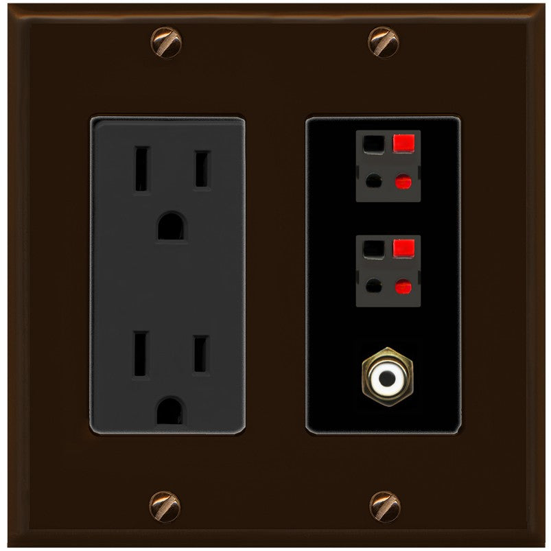 RiteAV 2 Port Speaker Wire Plug Jack Wall Plate with 1 RCA for Subwoofer - Outlet [Brown/Black]