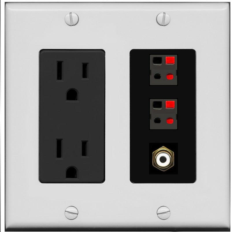 RiteAV 2 Port Speaker Wire Plug Jack Wall Plate with 1 RCA for Subwoofer - Outlet [Gray/Black]