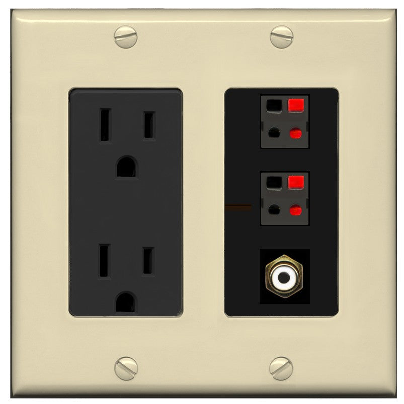 RiteAV 2 Port Speaker Wire Plug Jack Wall Plate with 1 RCA for Subwoofer - Outlet [Ivory/Black]