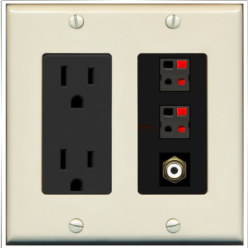 RiteAV 2 Port Speaker Wire Plug Jack Wall Plate with 1 RCA for Subwoofer - Outlet [Light-Almond/Black]