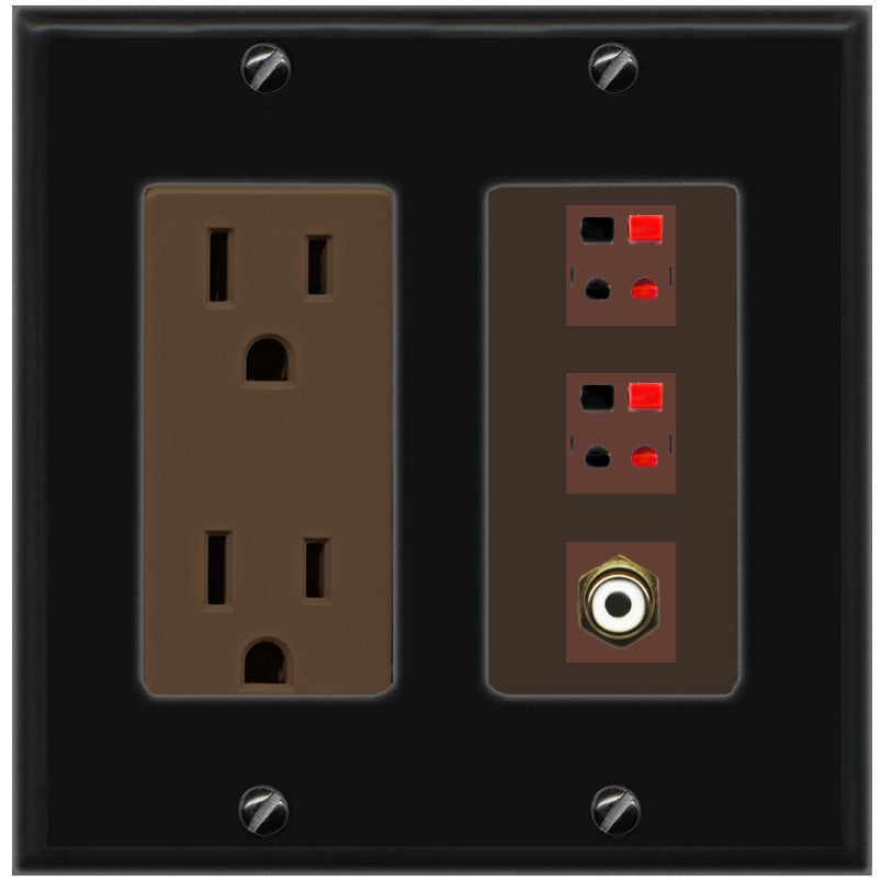 RiteAV 2 Port Speaker Wire Plug Jack Wall Plate with 1 RCA for Subwoofer - Outlet [Black/Brown]