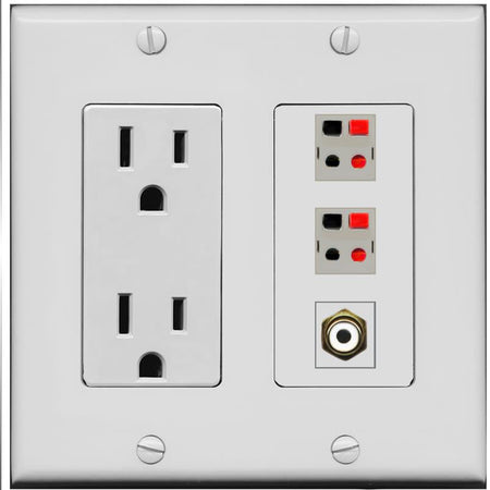 RiteAV 2 Port Speaker Wire Plug Jack Wall Plate with RCA for Subwoofer - Outlet [Gray/Gray]