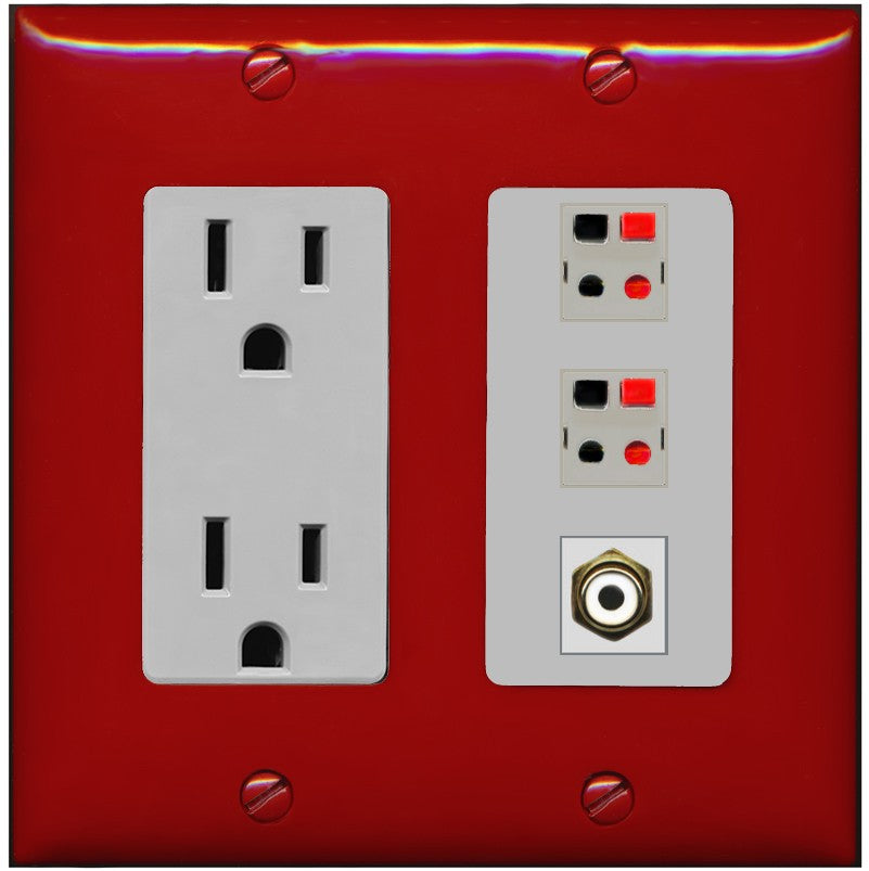 RiteAV 2 Port Speaker Wire Plug Jack Wall Plate with 1 RCA for Subwoofer - Outlet [Red/Gray]