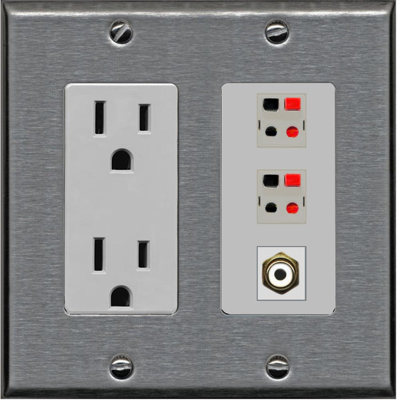 RiteAV 2 Port Speaker Wire Plug Jack Wall Plate with 1 RCA for Subwoofer - Outlet [Stainless/Gray]