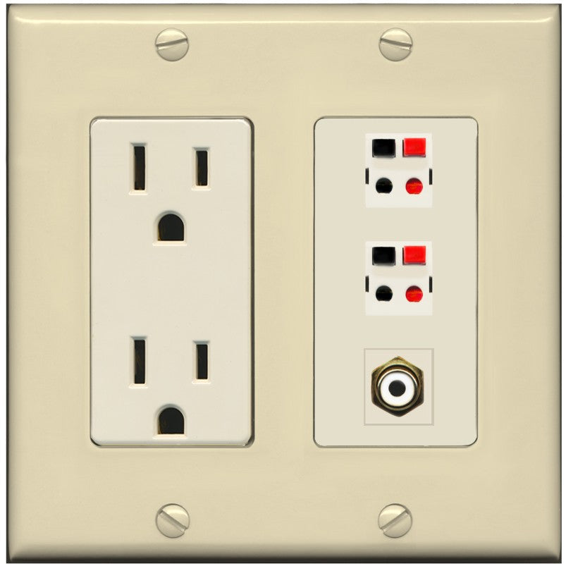 RiteAV 2 Port Speaker Wire Plug Jack Wall Plate with 1 RCA for Subwoofer - Outlet [Ivory/Light-Almond]