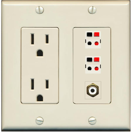 RiteAV 2 Port Speaker Wire Plug Jack Wall Plate with RCA for Subwoofer - Outlet [Light-Almond]