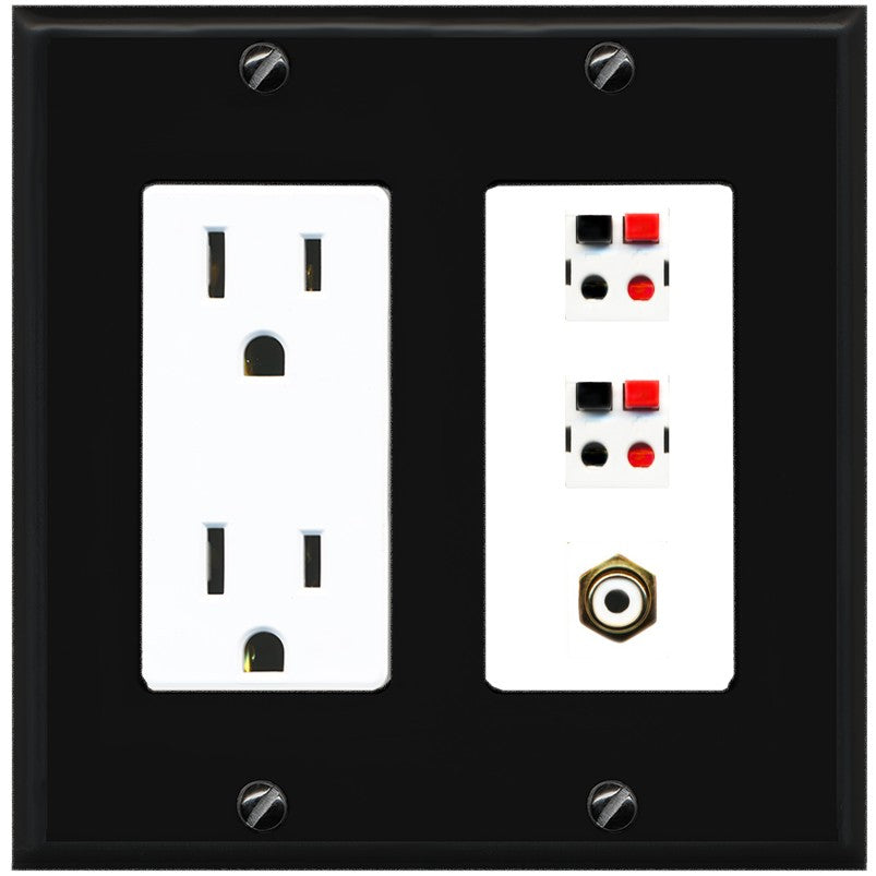RiteAV 2 Port Speaker Wire Plug Jack Wall Plate with 1 RCA for Subwoofer - Outlet [Black/White]