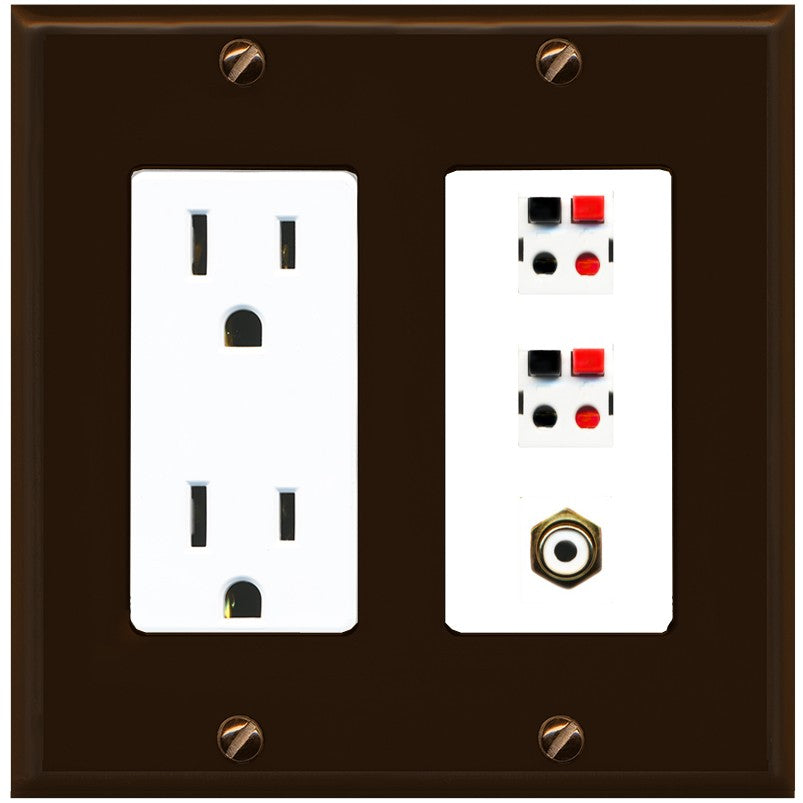 RiteAV 2 Port Speaker Wire Plug Jack Wall Plate with 1 RCA for Subwoofer - Outlet [Brown/White]