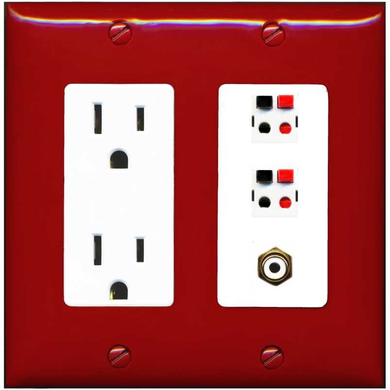 RiteAV 2 Port Speaker Wire Plug Jack Wall Plate with 1 RCA for Subwoofer - Outlet [Red/White]