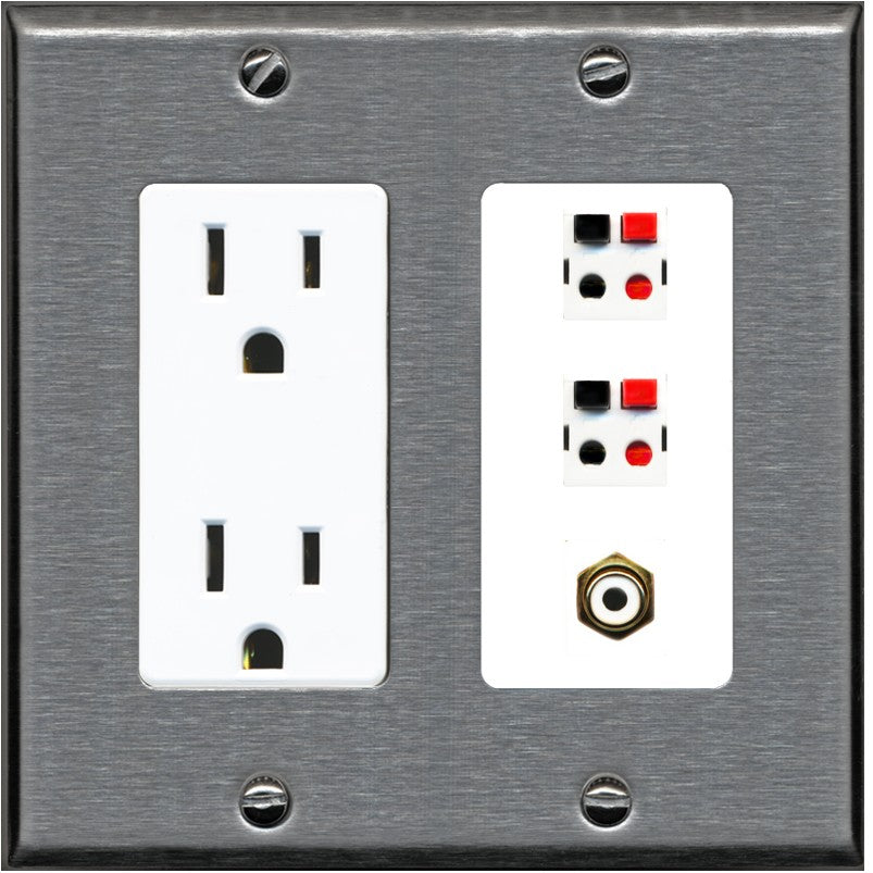 RiteAV 2 Port Speaker Wire Plug Jack Wall Plate with 1 RCA for Subwoofer - Outlet [Stainless/White]