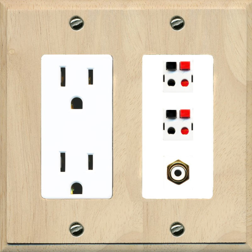 RiteAV 2 Port Speaker Wire Plug Jack Wall Plate with 1 RCA for Subwoofer - Outlet [Wood/White]