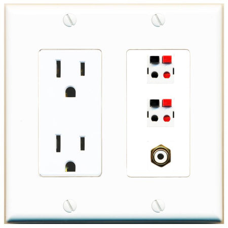 RiteAV 2 Port Speaker Wire Plug Jack Wall Plate with RCA for Subwoofer - Outlet [White]