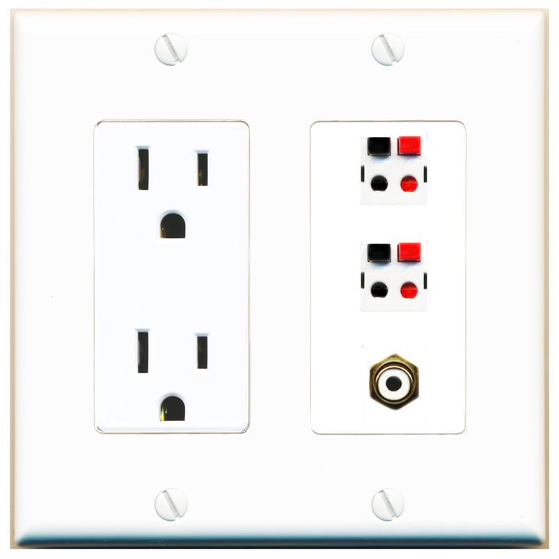 RiteAV 2 Port Speaker Wire Plug Jack Wall Plate with RCA for Subwoofer - Outlet [White]