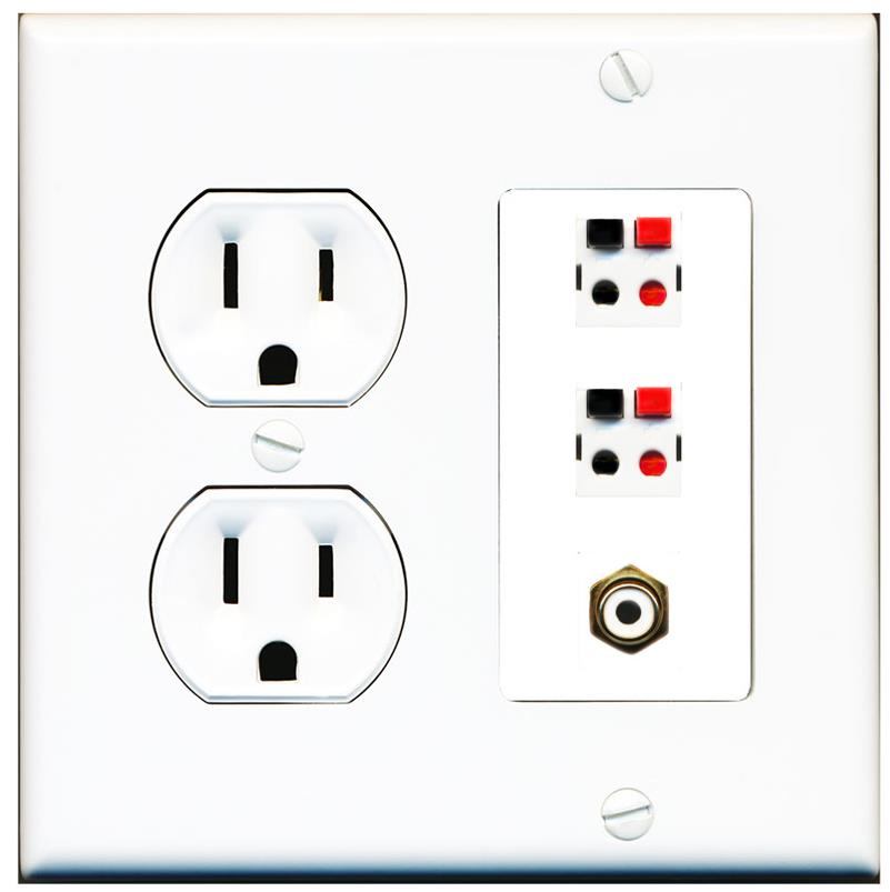 RiteAV 2 Port Speaker Wire Plug Jack Wall Plate with RCA for Subwoofer - Round Outlet [White]