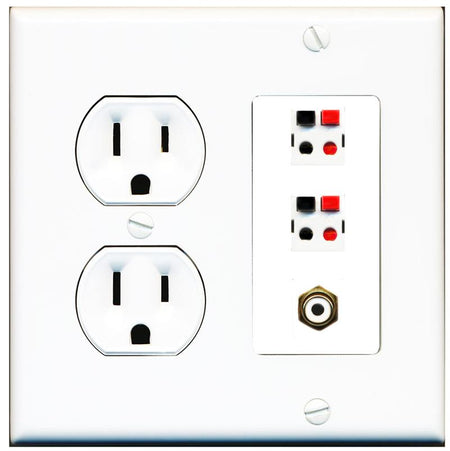 RiteAV 2 Port Speaker Wire Plug Jack Wall Plate with RCA for Subwoofer - Round Outlet [White]