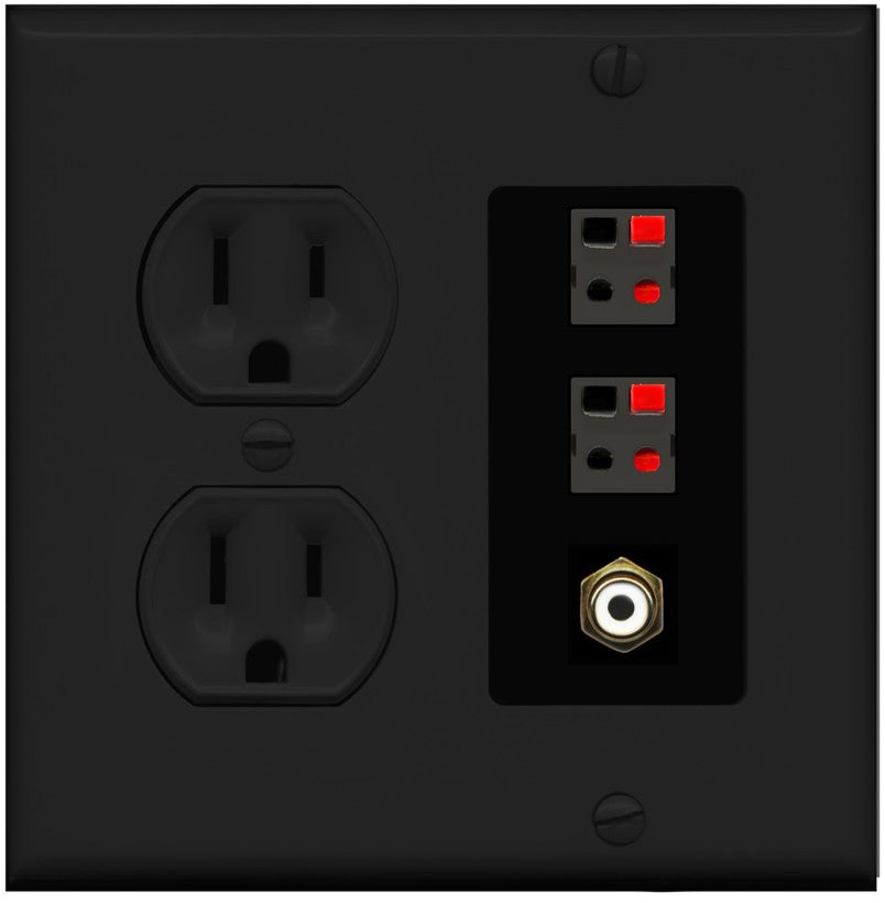 RiteAV 2 Port Speaker Wire Plug Jack Wall Plate with 1 RCA for Subwoofer - Round Outlet [Black/Black]