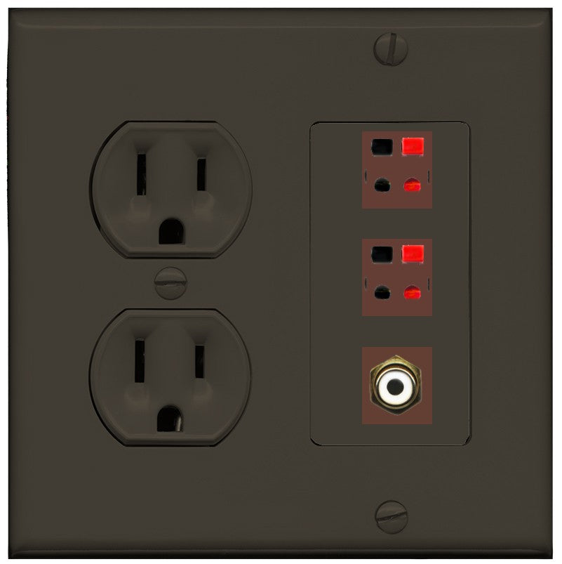 RiteAV 2 Port Speaker Wire Plug Jack Wall Plate with 1 RCA for Subwoofer - Round Outlet [Brown/Brown]