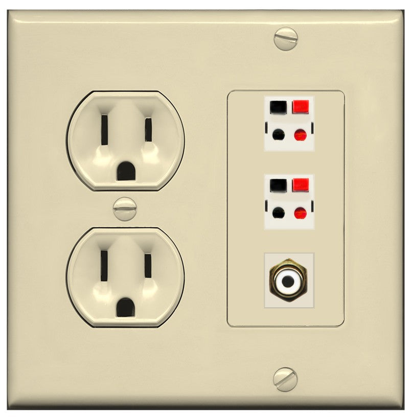 RiteAV 2 Port Speaker Wire Plug Jack Wall Plate with 1 RCA for Subwoofer - Round Outlet [Ivory/Ivory]
