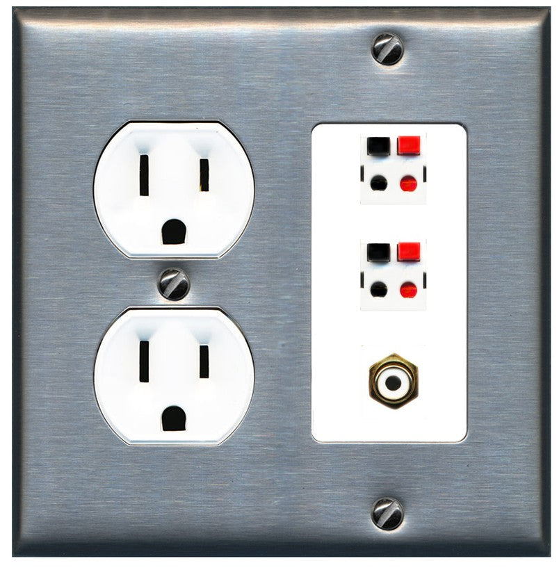 RiteAV 2 Port Speaker Wire Plug Jack Wall Plate with 1 RCA for Subwoofer - Round Outlet [Stainless/White]