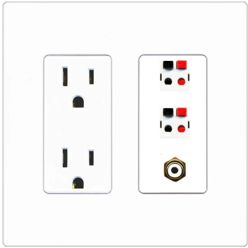 RiteAV 2 Port Speaker Wire Plug Jack Wall Plate with 1 RCA for Subwoofer - Outlet [Screwless White]