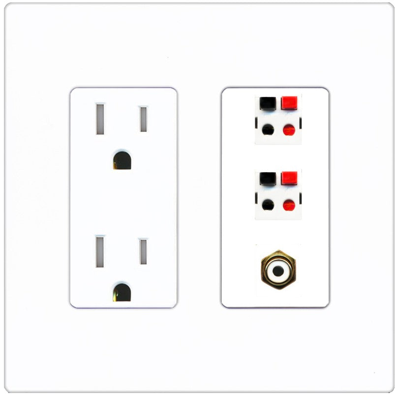 RiteAV 2 Port Speaker Wire Plug Jack Wall Plate with 1 RCA for Subwoofer - Tamper-Resistant Outlet [Screwless White]