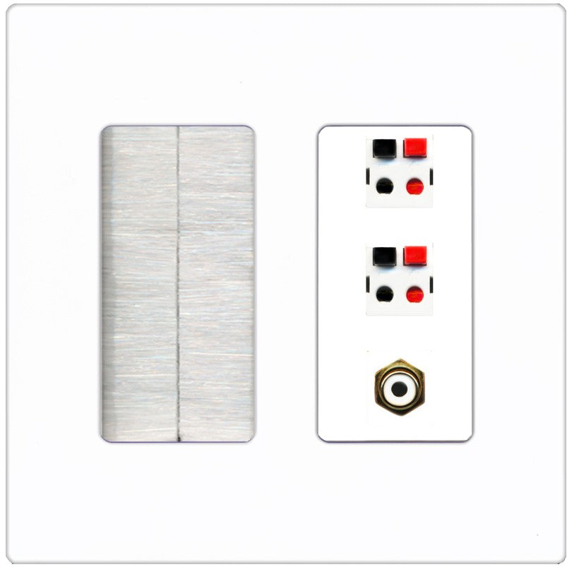 RiteAV 2 Port Speaker Wire Plug Jack Wall Plate with 1 RCA for Subwoofer - Brush [Screwless White]