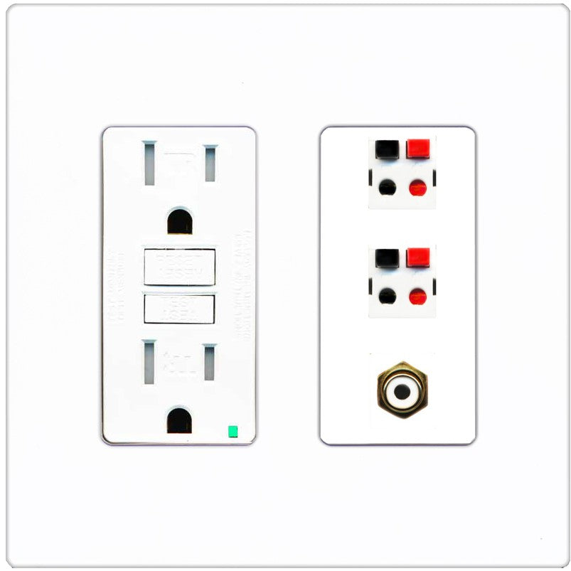 RiteAV 2 Port Speaker Wire Plug Jack Wall Plate with 1 RCA for Subwoofer - GFCI Outlet [Screwless White]
