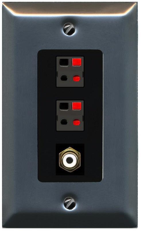 RiteAV 2 Port Speaker Wire Plug Jack Wall Plate with 1 RCA for Subwoofer - 1 Gang Decorative [Stainless/Black]