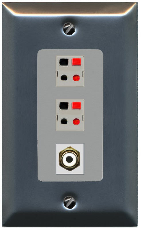 RiteAV 2 Port Speaker Wire Plug Jack Wall Plate with 1 RCA for Subwoofer - 1 Gang Decorative [Stainless/Gray]
