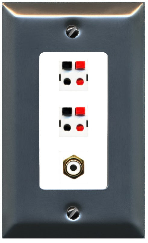 RiteAV 2 Port Speaker Wire Plug Jack Wall Plate with 1 RCA for Subwoofer - 1 Gang Decorative [Stainless/White]