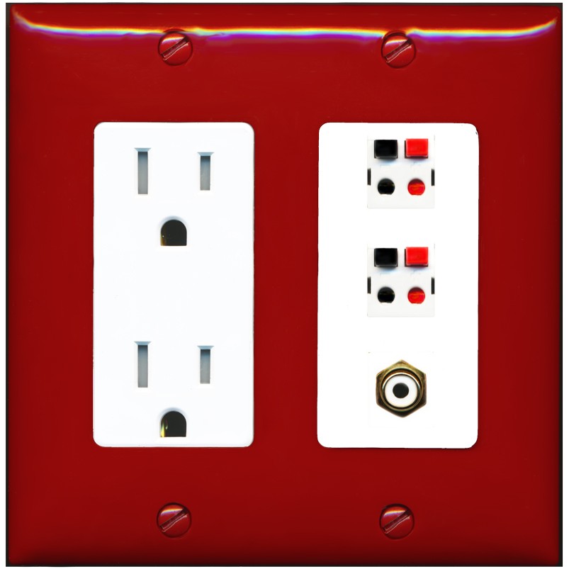 RiteAV 2 Port Speaker Wire Plug Jack Wall Plate with 1 RCA for Subwoofer - Tamper-Resistant Outlet [Red/White]