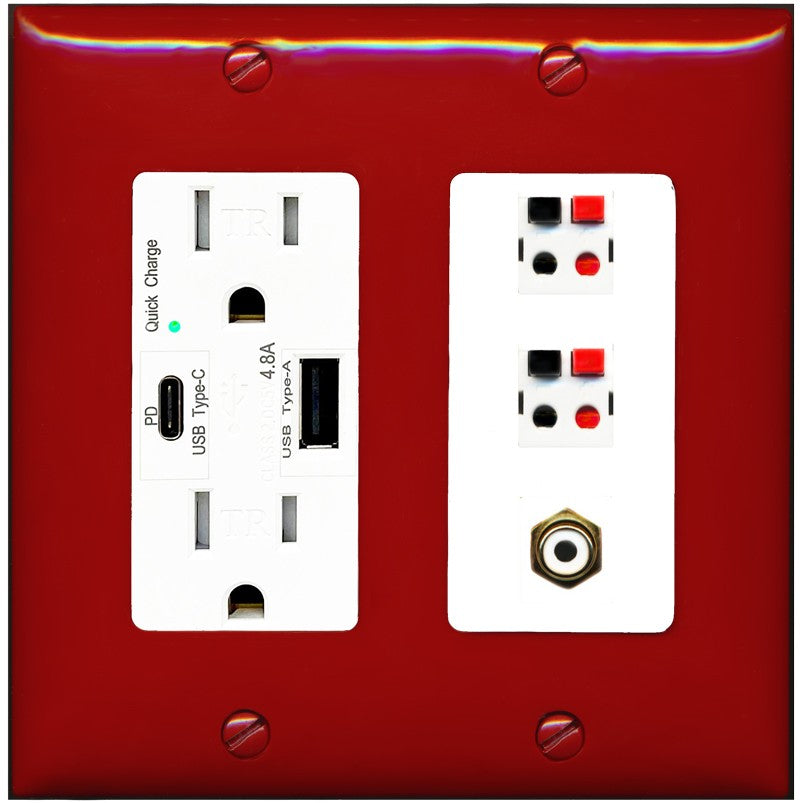RiteAV 2 Port Speaker Wire Plug Jack Wall Plate with 1 RCA for Subwoofer - USB A+C Outlet [Red/White]