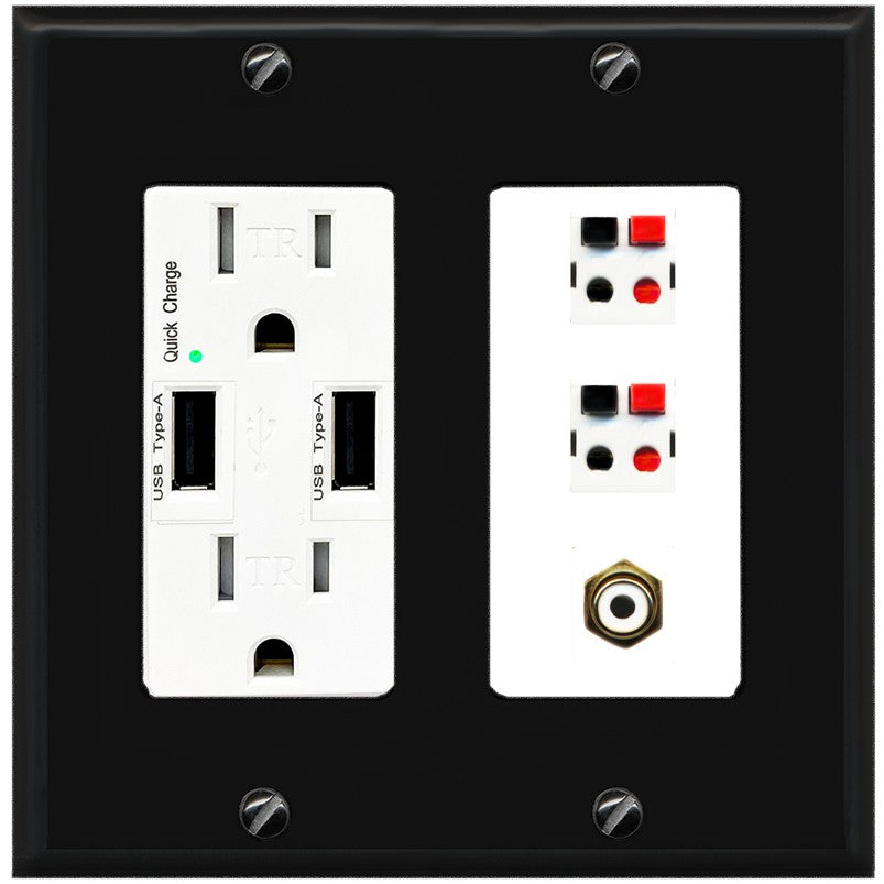 RiteAV 2 Port Speaker Wire Plug Jack Wall Plate with 1 RCA for Subwoofer - USB Outlet [Black/White]