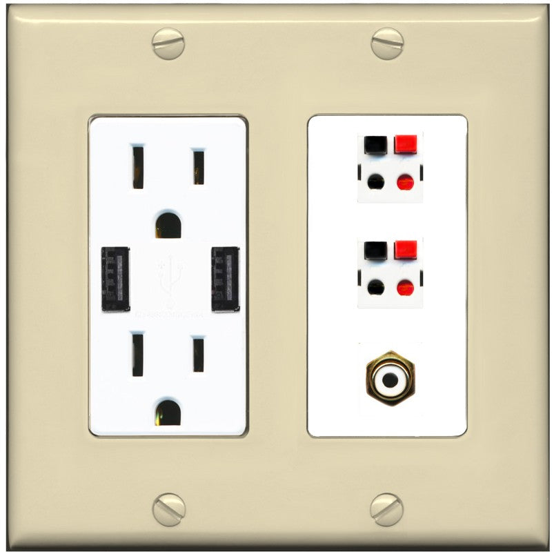 RiteAV 2 Port Speaker Wire Plug Jack Wall Plate with 1 RCA for Subwoofer - USB Outlet [Ivory/White]