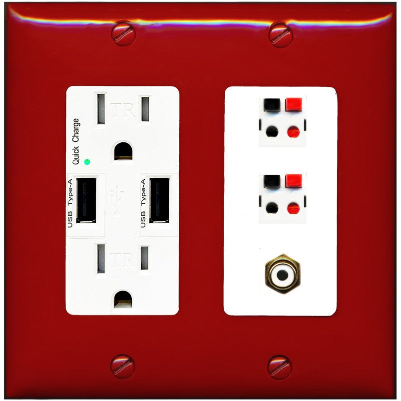 RiteAV 2 Port Speaker Wire Plug Jack Wall Plate with 1 RCA for Subwoofer - USB Outlet [Red/White]